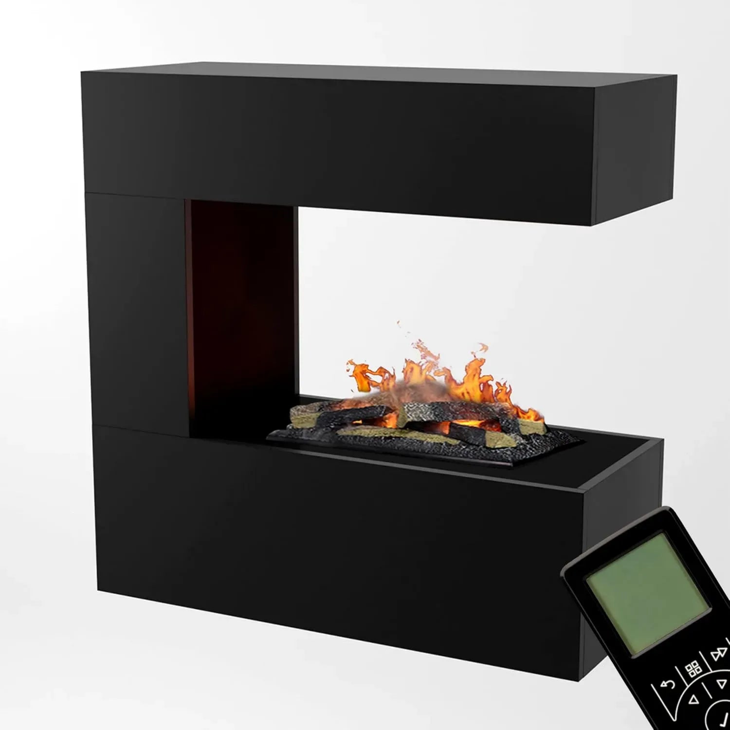 GLOW FIRE Wasserdampf Elektrokamin Schiller – Wandkamin mit realistischen 3D-LED-Flammen und Knistereffekt, inkl. Fernbedienung, 90x90x37 cm, Opti-Myst 400, mit Holz-Dekor, Schwarz