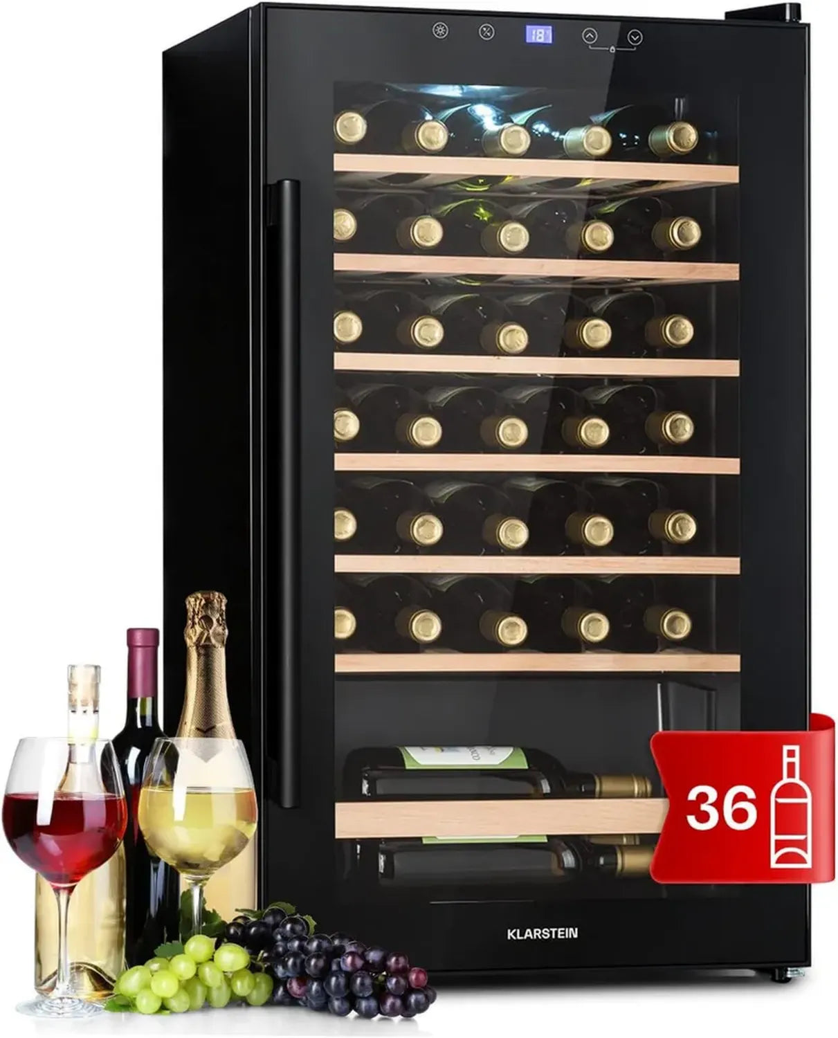 Klarstein Kompakter Weinkühlschrank mit Glastür, UV-Schutz, 1 Zone, 36 Flaschen 4-18°C