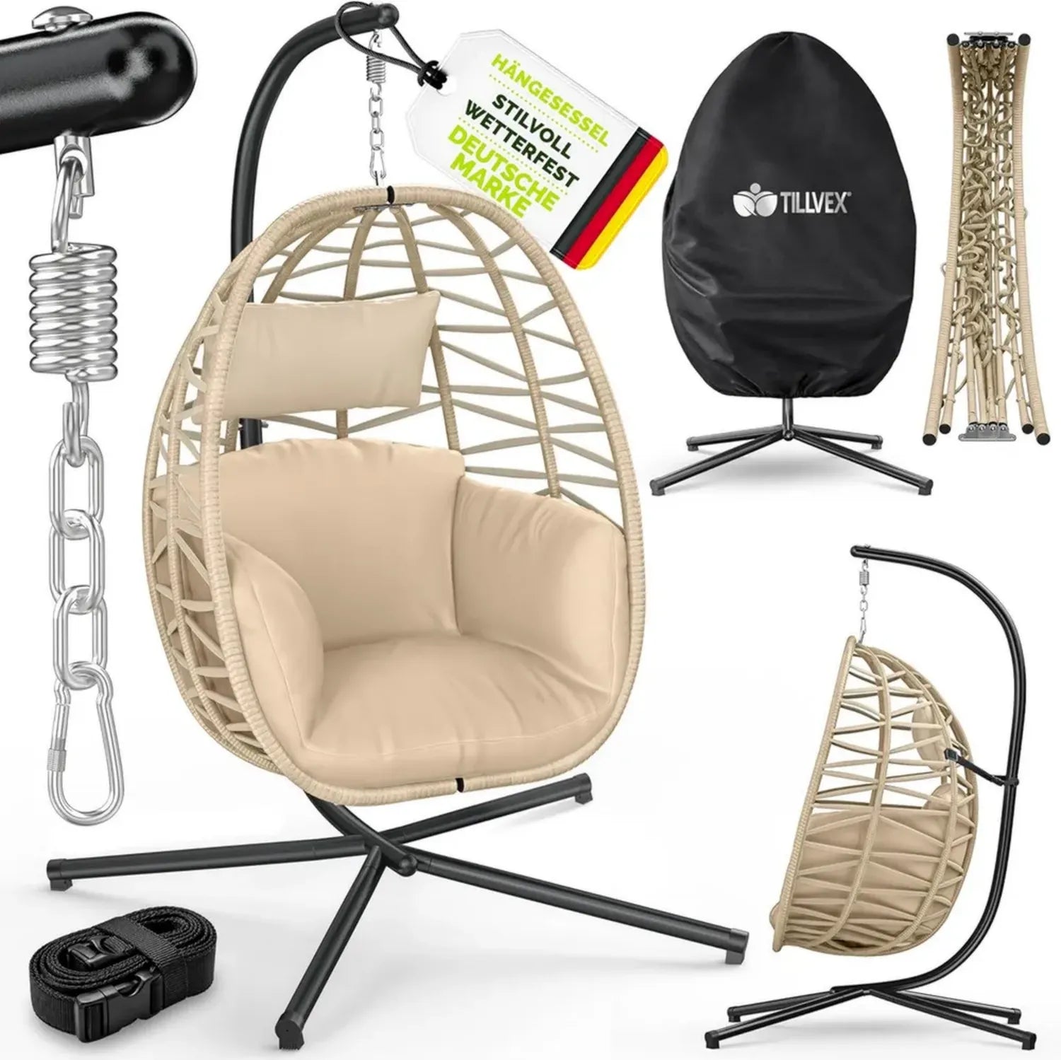 tillvex® Rattan-Hängesessel mit stabilem Gestell und wetterfester Abdeckung, belastbar bis 150 kg, ideal für Garten, Balkon und Terrasse (Beige)