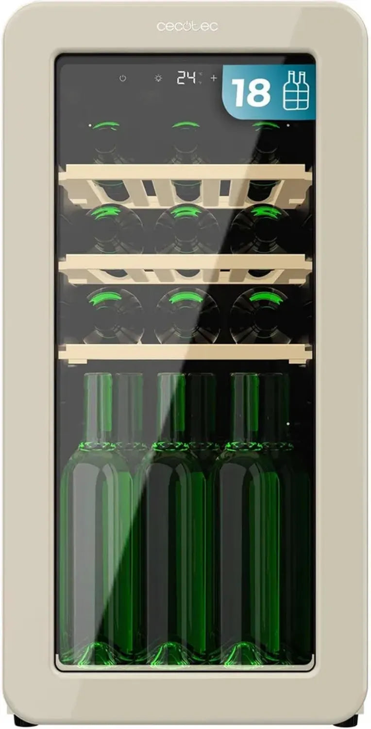 Cecotec Retro Weinkühlschrank für 18 Flaschen, Beige, LED-Steuerung, 5-20°C, NoFrost, Holzregale