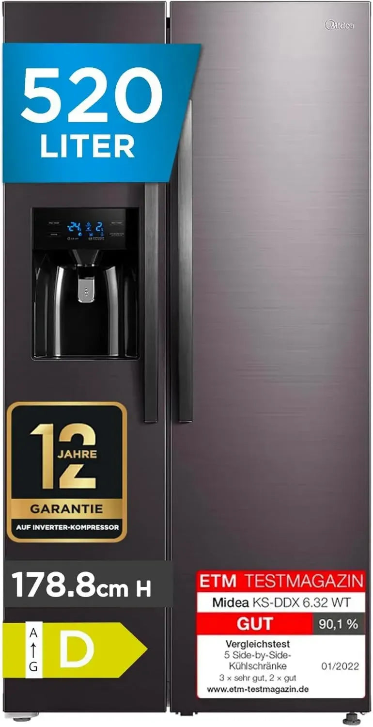 Midea Side-by-Side Kühl-Gefrierkombination, 178,8 cm, No Frost, Dual Inverter, 3-in-1 Spender, Dark Inox