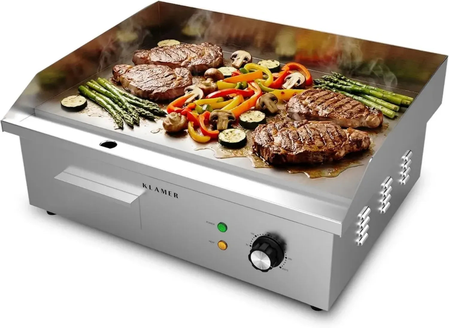 KLAMER Edelstahl Elektrogrill 3000W, große Grillplatte 54,5x38,5 cm, Temperaturregelung 50-300°C, spritzwassergeschützt, ideal für Balkon und Gastronomie