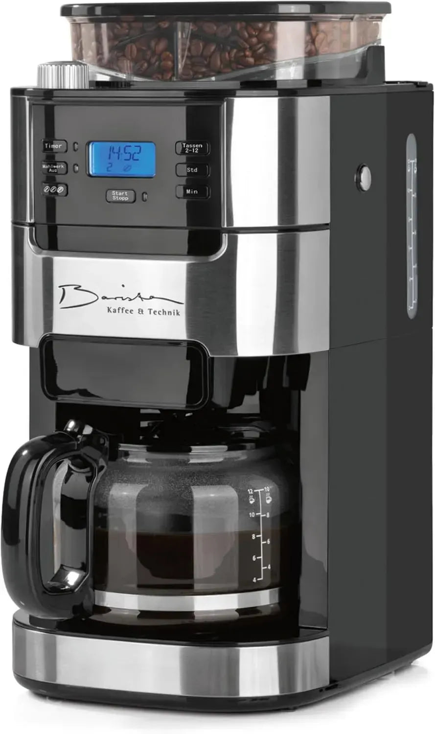Edelstahl Kaffeevollautomat mit einstellbarem Mahlwerk, Warmhaltefunktion & Timer, geeignet für Bohnen und Pulver, 10-Tassen-Kapazität