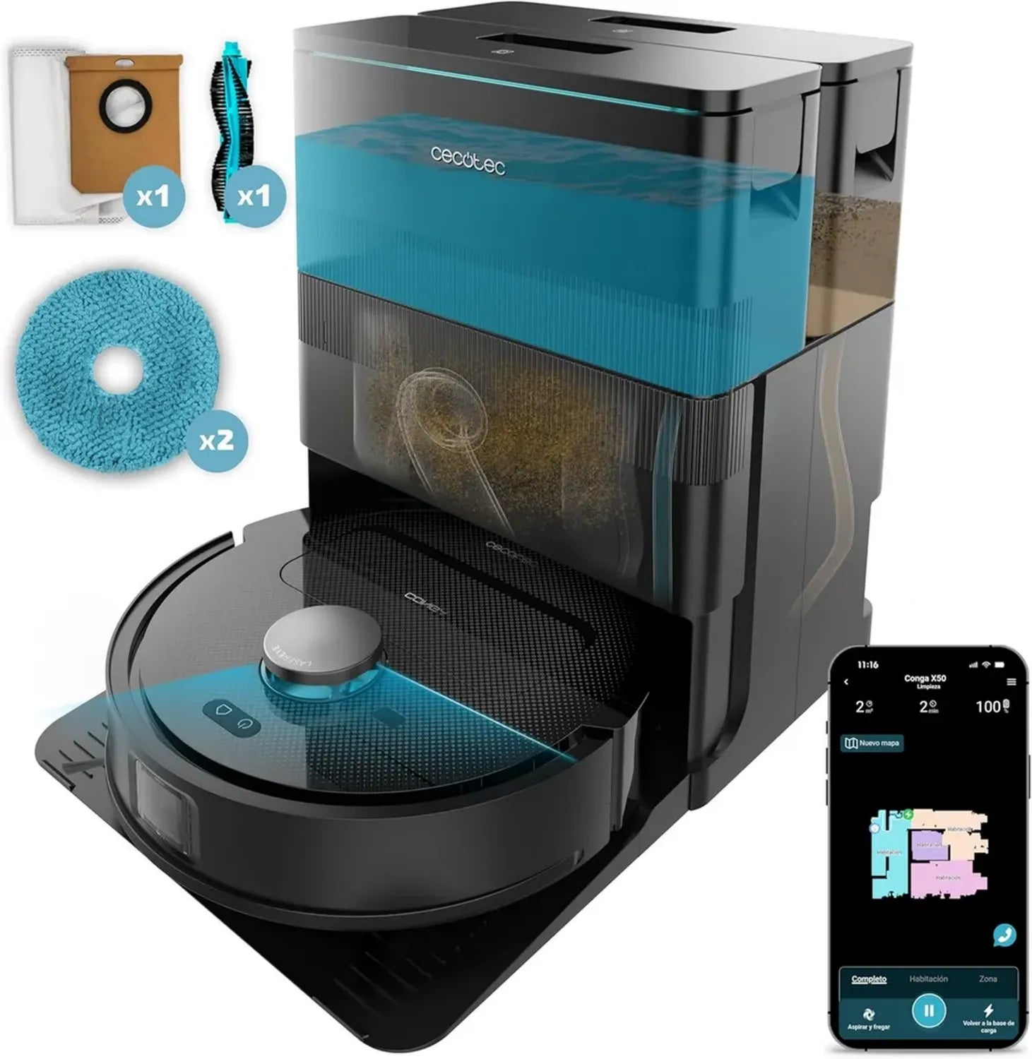 Cecotec Conga X50 X-Treme Saug- und Wischroboter mit Lasernavigation und App, Selbstentleerungsstation, 15000Pa, 240 Minuten Laufzeit, Hebbare Mopps, Basis mit 3 Tanks