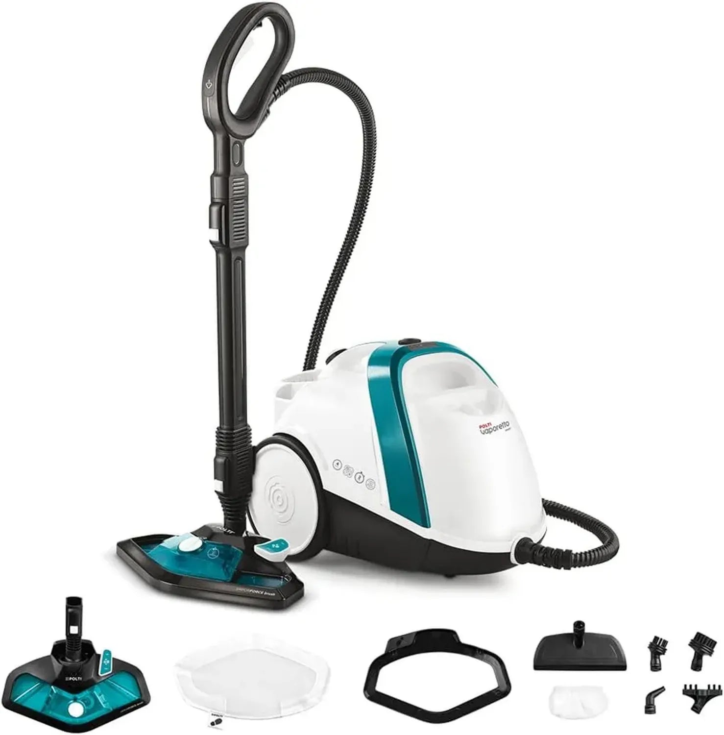 Polti Vaporetto Smart 100 T Hochdruck-Dampfreiniger, 4 Bar, 1500 W, mit 8 Zubehörteilen, Weiß/Türkis