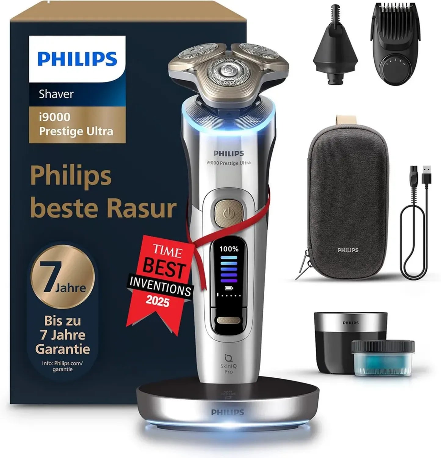 Philips Herrenrasierer i9000 Prestige Ultra, Nass- & Trockenfunktion, Chrom, Sensorsteuerung, 5-in-1 Bartstyler, inkl. Nasenhaartrimmer, Reinigungs- und Ladestation, Reiseetui