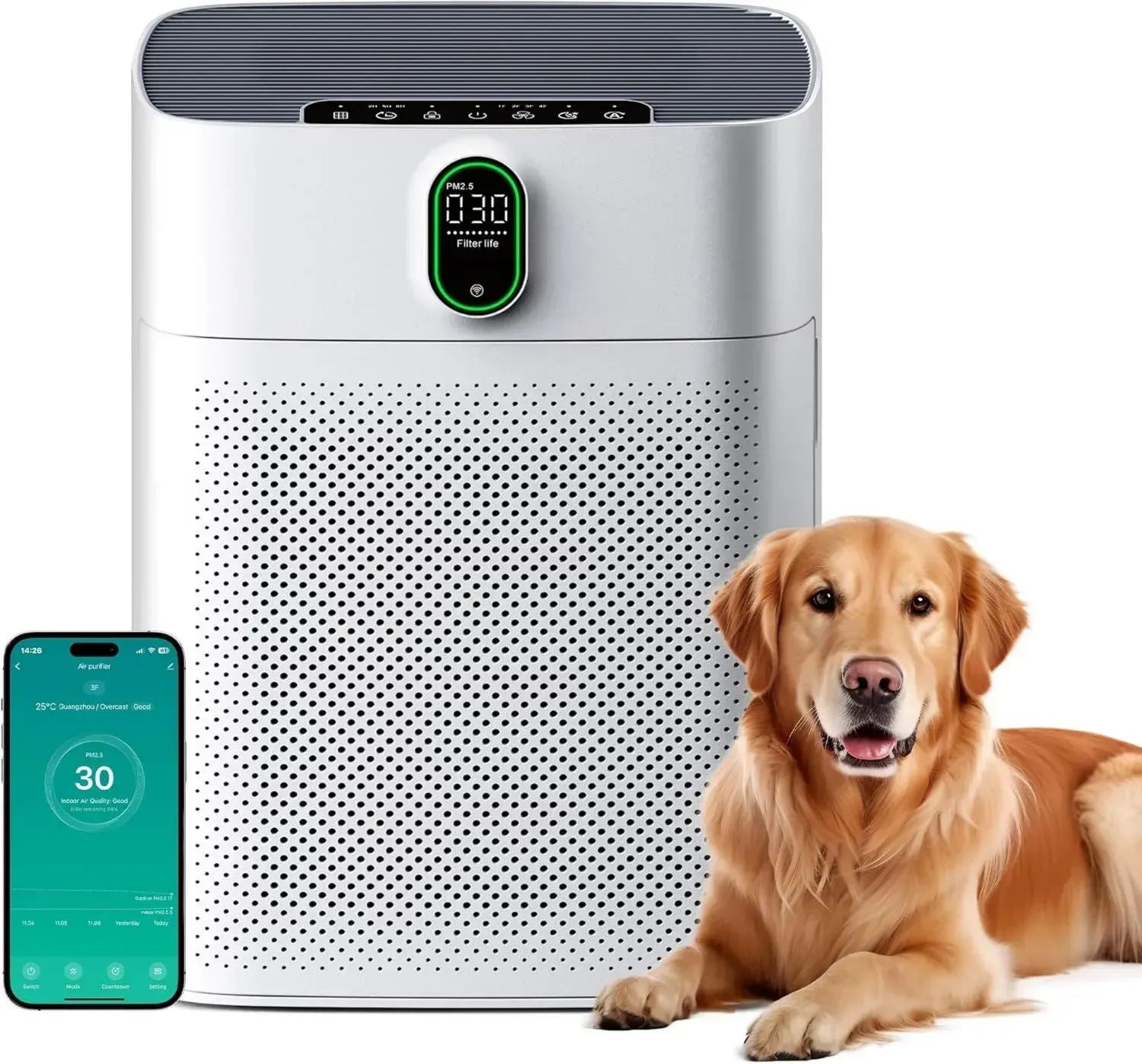 Hocheffizienter HEPA Luftreiniger für Allergiker und Raucherzimmer, CADR 300 m³/h, Leiser Betrieb 24 dB, Automatikmodus mit Luftqualitätsanzeige, Geeignet für 100 m², Mattweiß
