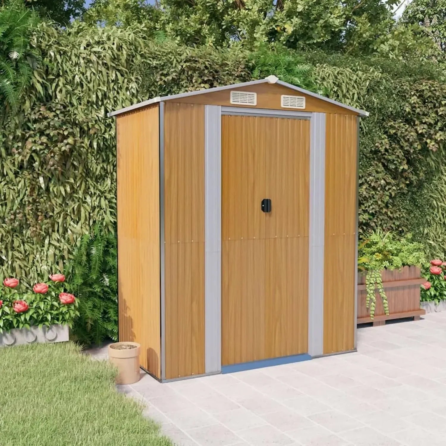 SECOLI Metall Geräteschuppen Hellbraun 192x108x223 cm Wetterfest für Garten