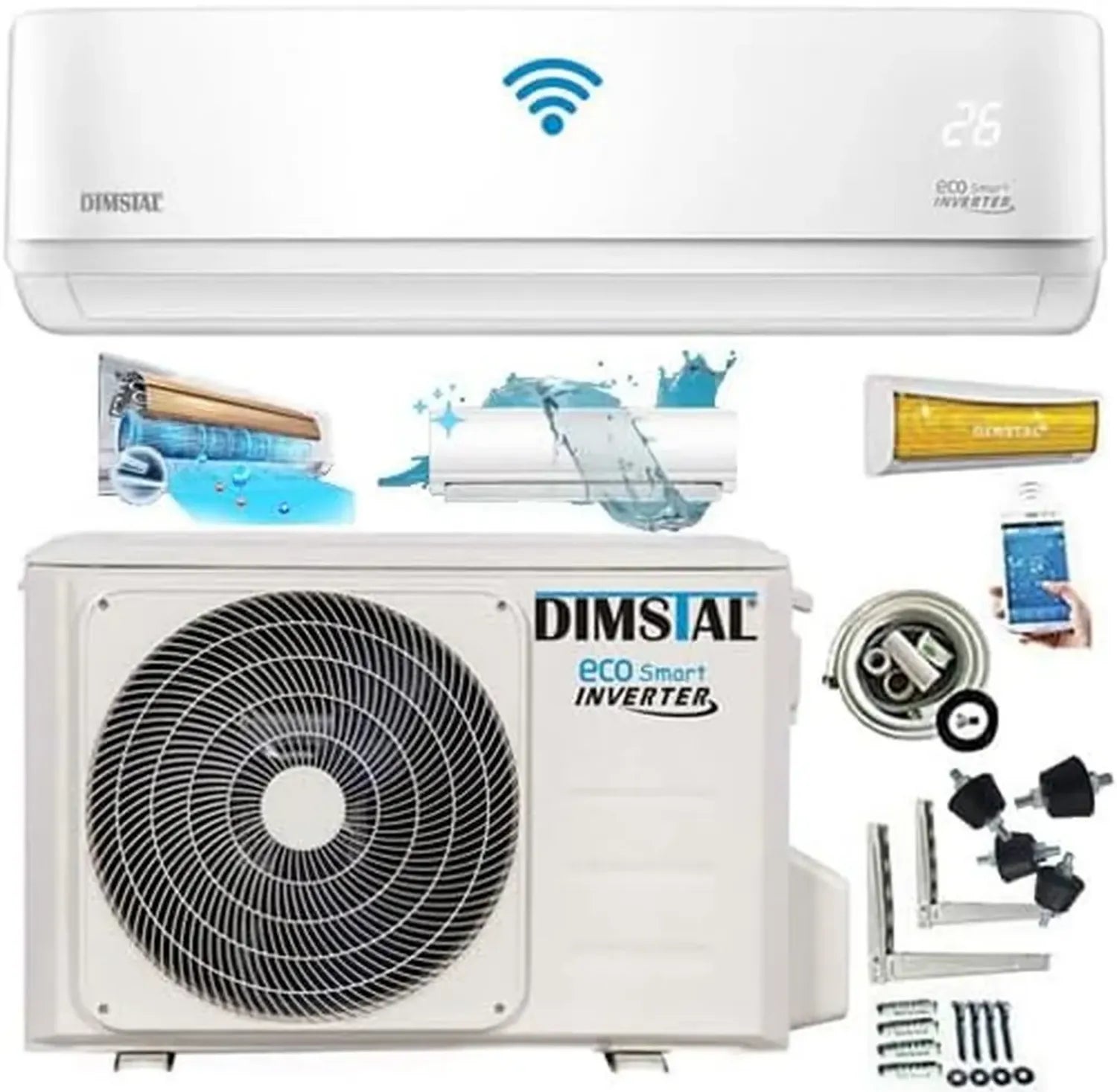 Split-Klimaanlage 18000 BTU 5,3kW mit Heizung, ECO Smart WiFi, Selbstreinigung, Super-Ionisator, Follow Me, leise mit 3m Leitungen